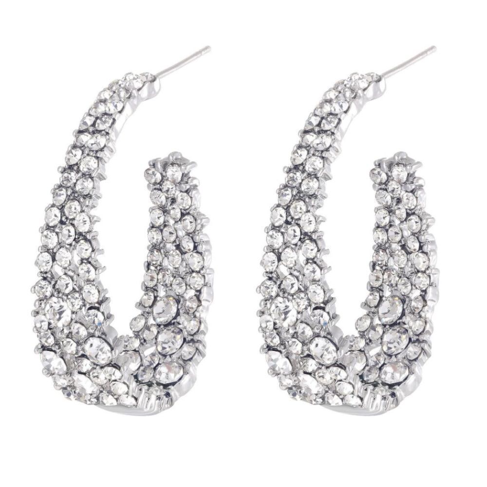 18k White Gold and 925 Sterling Silver with White Diamond Crystal Hoop Earrings
